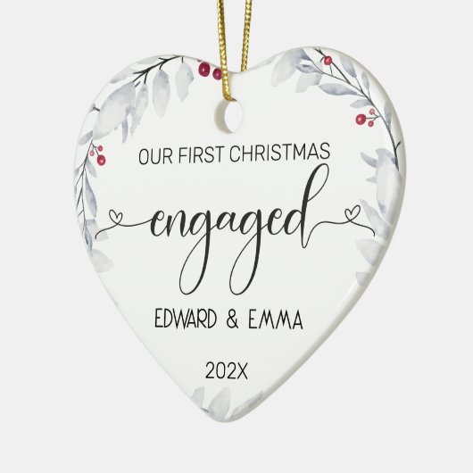 Waterverf krans onze eerste kerst verloofd keramisch ornament (Links)