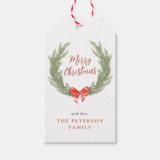 Waterverf Krans Red Bow Holiday Gift Cadeaulabel (Voorkant)