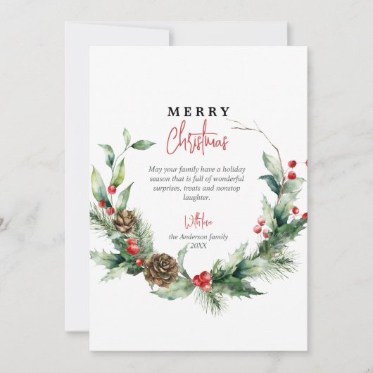 Waterverf krans rode bessen vrolijk kerstfeest feestdagenkaart (Voorkant)