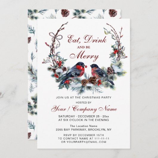 Waterverf krans & rode vogels kerstfeest kaart (Voorkant / Achterkant)