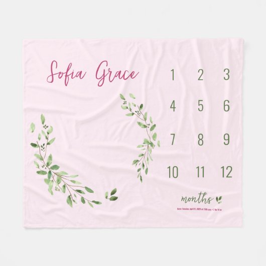 Waterverf krans roze baby meisje aangepaste mijlpa fleece deken (Voorkant (Horizontaal))