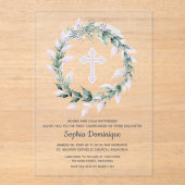 Waterverf Krans Roze Kruis Eerste Communie Acryl Uitnodigingen (Voorkant)