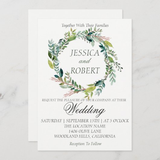 Waterverf krans tuin bruiloft uitnodiging (Voorkant / Achterkant)