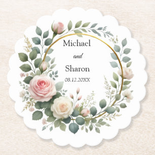 Waterverf Krans van Zachte Roze en Witte Rozen Kartonnen Onderzetters