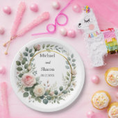 Waterverf Krans van Zachte Roze en Witte Rozen Papieren Bordje (Feest)