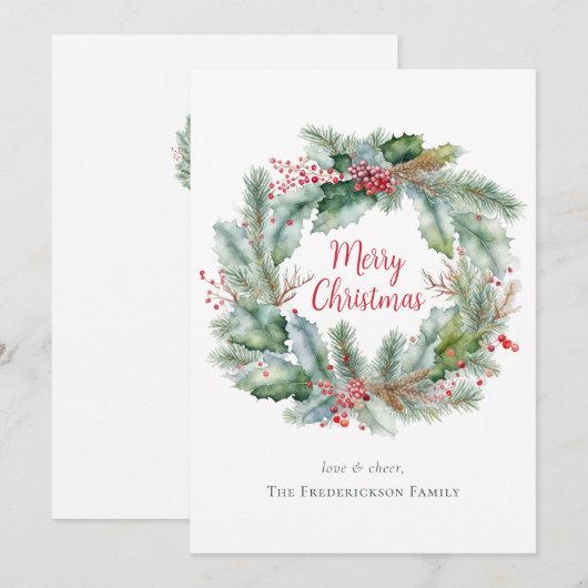 Waterverf krans Vrolijk Kerstfeest gepersonaliseer Feestdagenkaart (Voorkant / Achterkant)