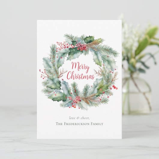Waterverf krans Vrolijk Kerstfeest gepersonaliseer Feestdagenkaart (Staand voorkant)