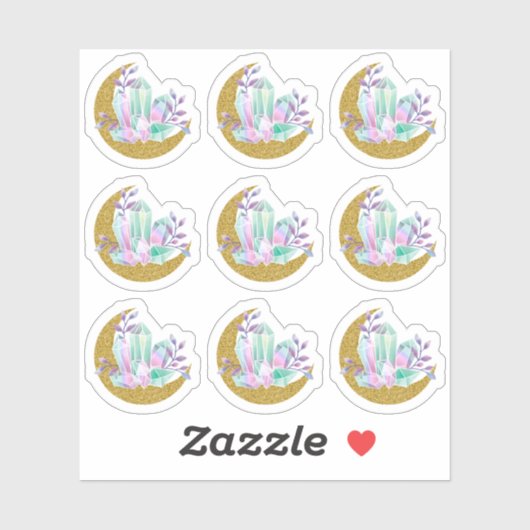 Waterverf Kristallen & Gouden Glittersikkelmaan Sticker (Vel)