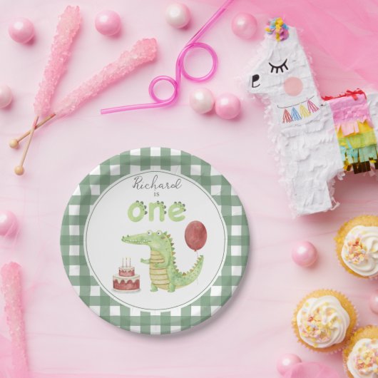 Waterverf krokodil 1e verjaardag papieren bordje (Feest)