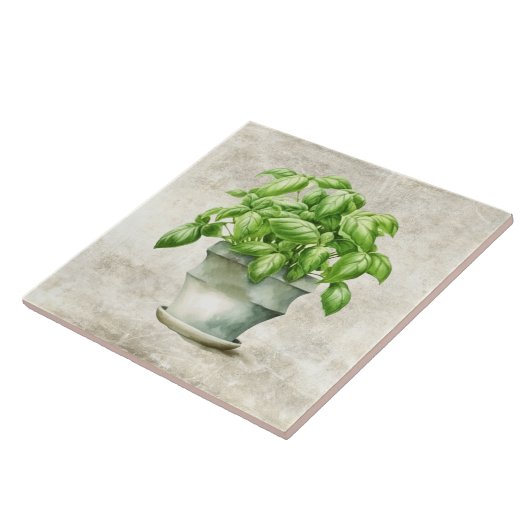 Waterverf Kruiden Basilicum Rustieke Faux Textuur Tegeltje (Zijkant)