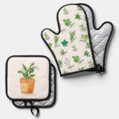 Waterverf Kruidenoven Mitt en Pot Holder Ovenwant & Pannenlap Set (Voorkant / Achterkant)