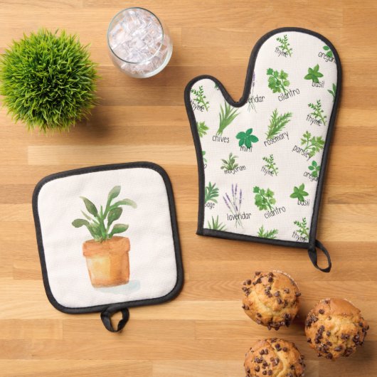 Waterverf Kruidenoven Mitt en Pot Holder Ovenwant & Pannenlap Set (Top down)