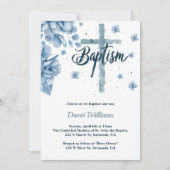 Waterverf Kruis Bloemen Stoffig Blauw Jongensdoop Kaart (Voorkant)