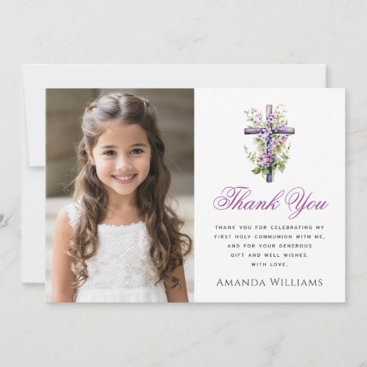Waterverf kruis paarse bloem Eerste Communie Bedankkaart (Voorkant)