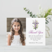 Waterverf kruis paarse bloem Eerste Communie Bedankkaart (Staand voorkant)