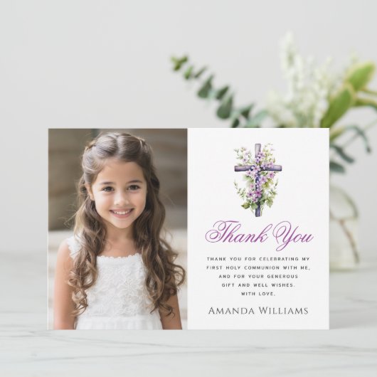 Waterverf kruis paarse bloem Eerste Communie Bedankkaart (Staand voorkant)