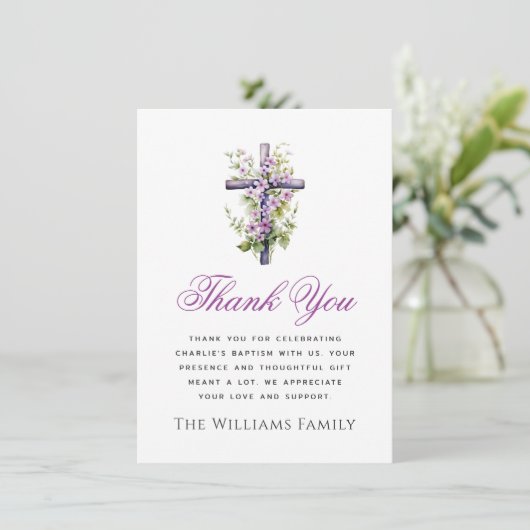 Waterverf kruis paarse bloemdoop dank u bedankkaart (Staand voorkant)