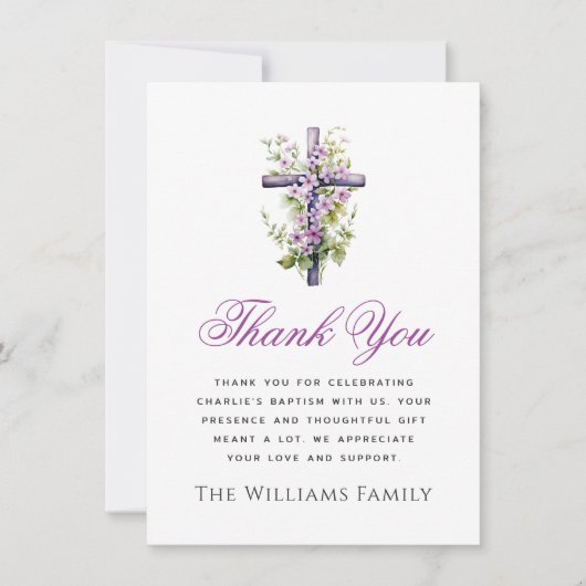 Waterverf kruis paarse bloemdoop dank u bedankkaart (Voorkant)