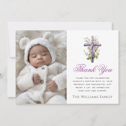 Waterverf kruis paarse bloemdoop dank u bedankkaart (Voorkant)