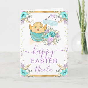 Waterverf Kuiken en Bloemen Gelukkig Pasen Kaart