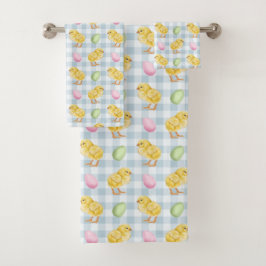 Waterverf Kuiken En Eieren Op Blauwe Gingham Patro Bad Handdoek