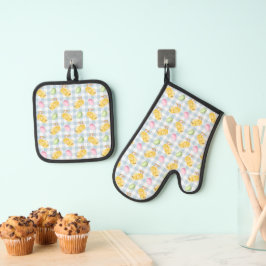 Waterverf Kuiken En Eieren Op Blauwe Gingham Patro Ovenwant & Pannenlap Set