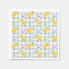 Waterverf Kuiken En Eieren Op Blauwe Gingham Patro Servet