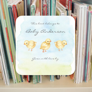 Waterverf kuikens baby shower boekenplaat vierkante sticker