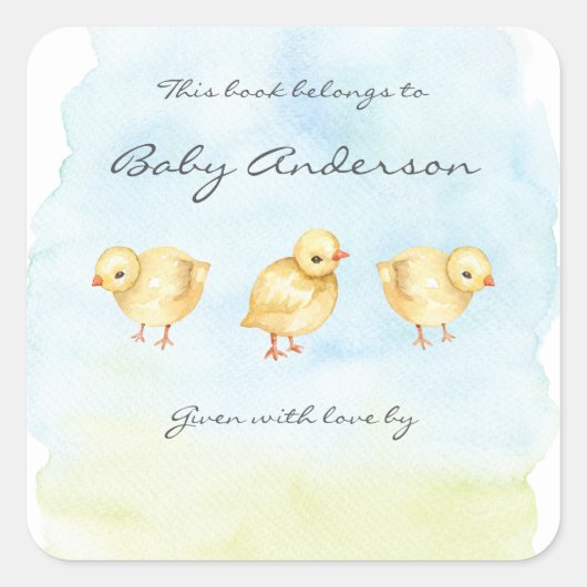 Waterverf kuikens baby shower boekenplaat vierkante sticker (Voorkant)
