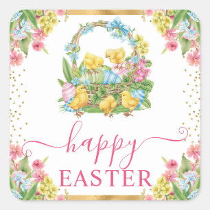 Waterverf kuikens en eitjes Bloemen Gelukkig Pasen Vierkante Sticker