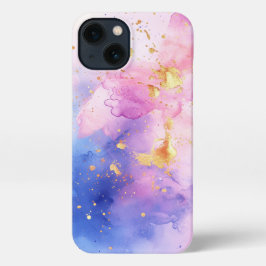 waterverf kunst blauw en roze gouden girly iPhone 13 hoesje