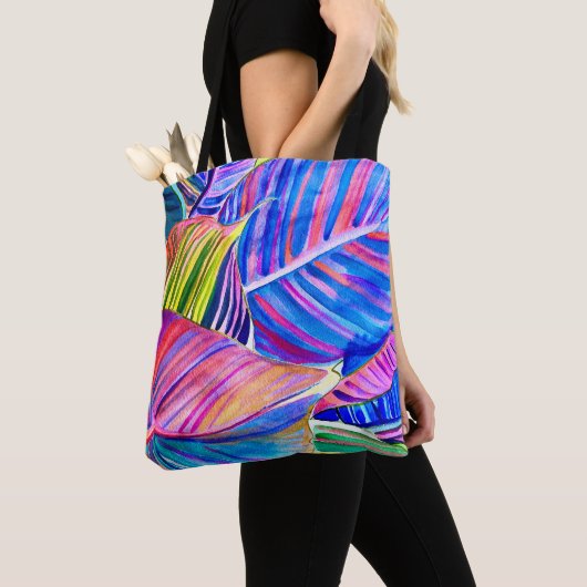 Waterverf kunst canna tropische bladeren tote bag (Dichtbij)