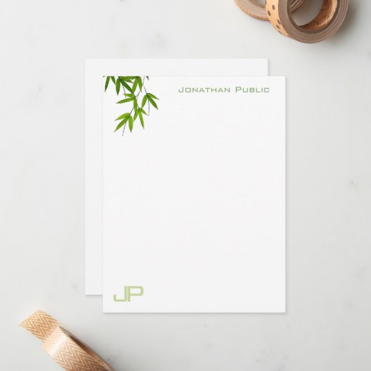 Waterverf Kunst Groene bladeren Monogram Modern Ee Notitiekaartje (Voorkant / Achterkant in situ)
