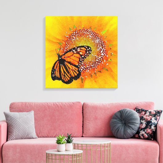 Waterverf Kunst Monarch Vlinder op Zonnebloem Canvas Afdruk (Insitu (Woonkamer))