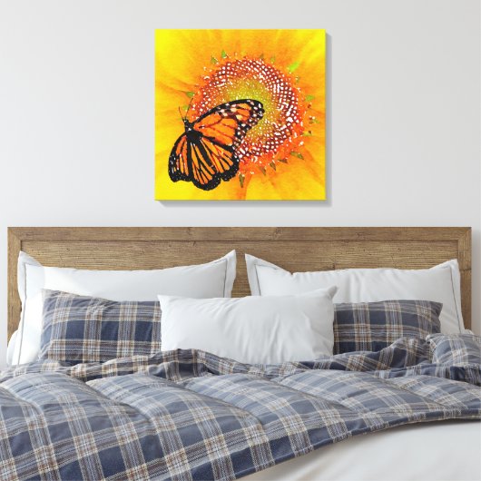 Waterverf Kunst Monarch Vlinder op Zonnebloem Canvas Afdruk (Insitu (Slaapkamer))