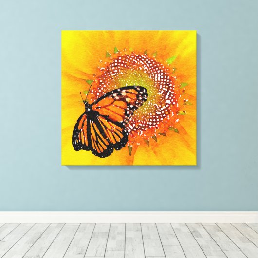 Waterverf Kunst Monarch Vlinder op Zonnebloem Canvas Afdruk (Insitu (Houten vloer))