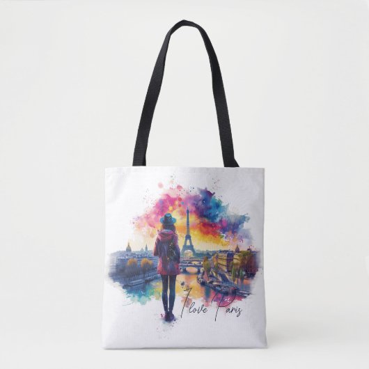 Waterverf Kunst van I love Paris Eiffeltoren Reize Tote Bag (Voorkant)