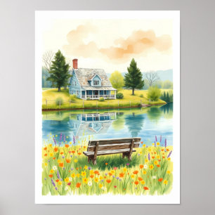 Waterverf Kunstprint van een Meerhuisje Poster