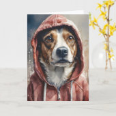Waterverf Kunstwerk Bruin en Witte Hond in Hoodie Kaart (Gele Bloem)