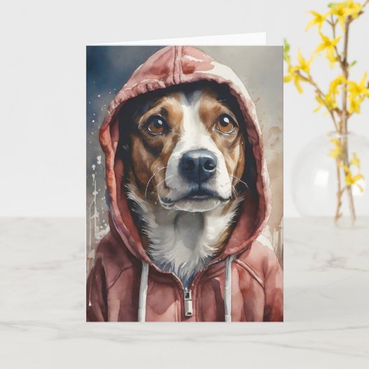 Waterverf Kunstwerk Bruin en Witte Hond in Hoodie Kaart (Gele Bloem)