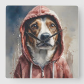 Waterverf Kunstwerk Bruin en Witte Hond in Hoodie Vierkante Klok (Voorkant)