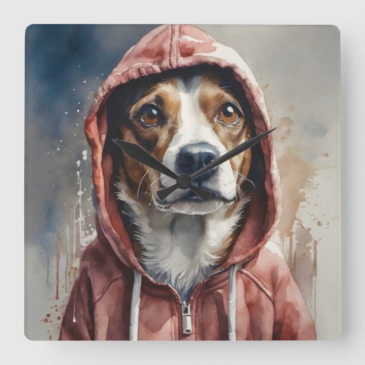 Waterverf Kunstwerk Bruin en Witte Hond in Hoodie Vierkante Klok (Voorkant)