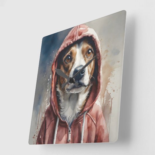 Waterverf Kunstwerk Bruin en Witte Hond in Hoodie Vierkante Klok (Hoek)