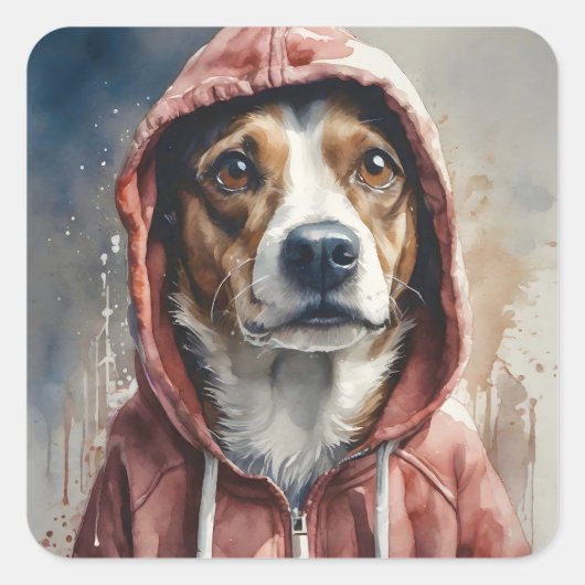 Waterverf Kunstwerk Bruin en Witte Hond in Hoodie Vierkante Sticker (Voorkant)