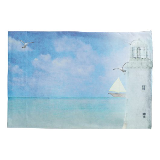 Waterverf kunstwerk Ocean Lighthouse met zeilboot Kussensloop (Achterkant-Links)