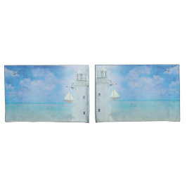 Waterverf kunstwerk Ocean Lighthouse met zeilboot Kussensloop