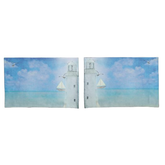 Waterverf kunstwerk Ocean Lighthouse met zeilboot Kussensloop (Voorkant-Set)