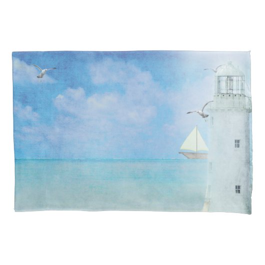 Waterverf kunstwerk Ocean Lighthouse met zeilboot Kussensloop (Voorkant-Links)