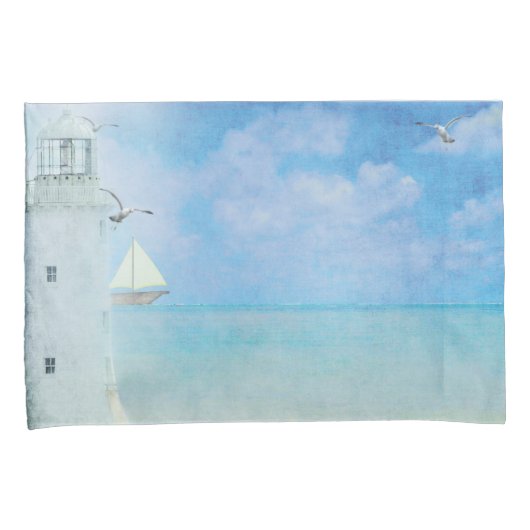 Waterverf kunstwerk Ocean Lighthouse met zeilboot Kussensloop (Voorkant-Rechts)