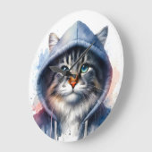 Waterverf Kunstwerk Tabby Cat in een Hoodie Splatt Grote Klok (Hoek)